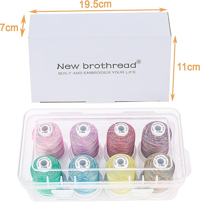 New brothread - 18 Options - Multi-Purpose 100% Mercerized Cotton Thread 50S/3 600M Each Spool for Quilting, Serger, Sewing and Embroidery - 8xVariegated Colors-1 with Clear Plastic Storage Box