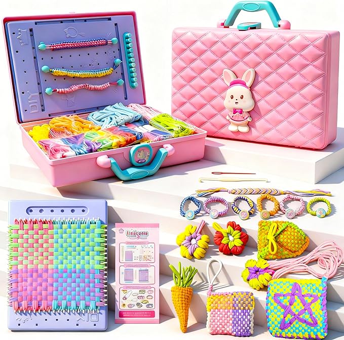 Weaving Loom Kit Toys & Friendship Bracelet Making Kit for Kids, Birthday Children's Day Gifts for Girls Ages 6 7 8-12, Potholder Coaster Rainbow Bands Weaving Kit, Creative DIY Arts and Craft Looms