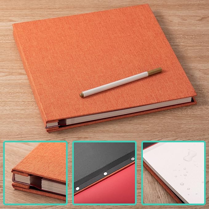 Orange Photo Album Self Adhesive Scrapbook Album for 4×6 Photos/Pictures DIY Linen Cover Album 15 Sheets/30 Blank Pages for Family Wedding, Birthday, Christmas, Anniversary