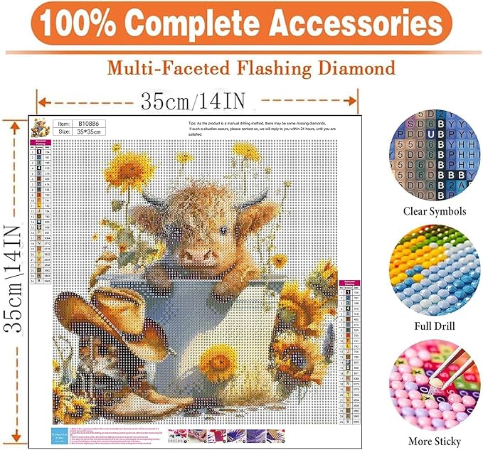 igoodom Cow Diamond Art Kits for Adults, Highland Cow Diamond Art Kits, Full Drill Round Sunflower Diamond Painting Kits, DIY Gem Art and Crafts for Home Wall Decor Gift 14x14inch