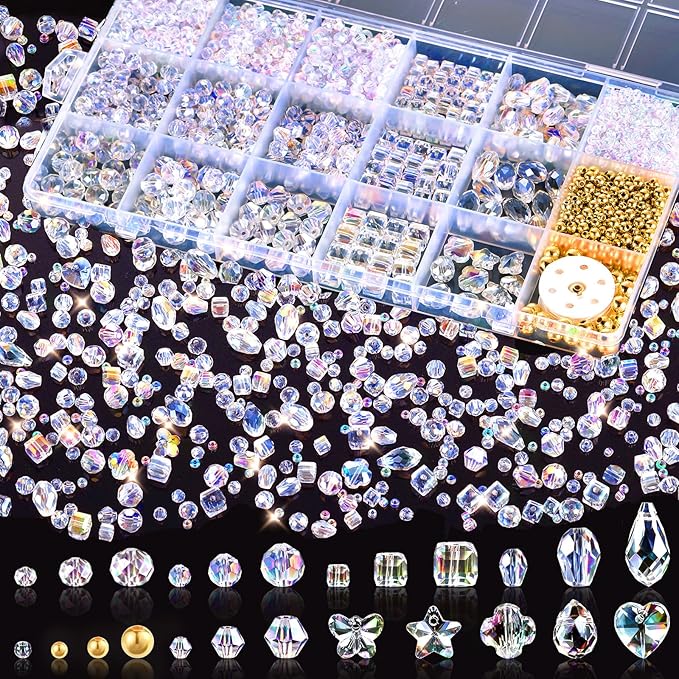 Zefy 2000+ Pcs Crystal Glass Beads for Jewelry Making, 24 Styles 3-15mm Assorted Faceted Craft Bead Kit for DIY Bracelet Necklace Earring Suncatcher (Clear AB Color)