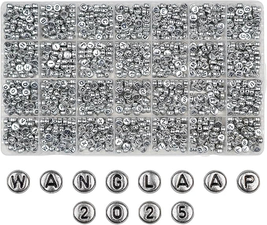 1450Pcs Silver Acrylic 4x7mm Round Letter Beads Kits Alphabet A-Z (Extra for Vowel Letter) and Number Beads for Bracelets Necklaces Jewelry Making (Silver, 4x7mm)