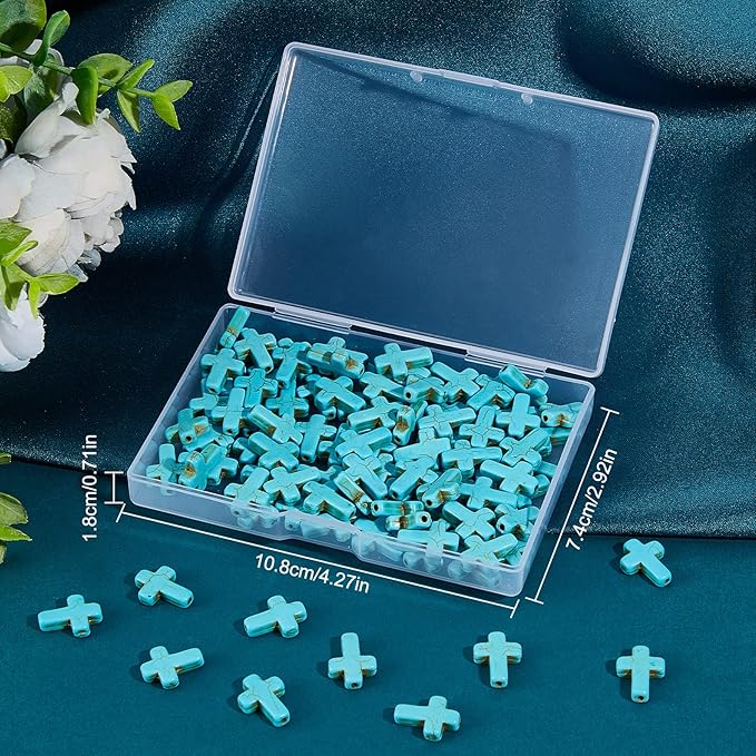 SUNNYCLUE 1 Box 100Pcs Turquoise Cross Beads Bulk Synthetic Turquoise Blue Gemstone Bead Easter Mini Cross Stone Spacer Beads for Jewelry Making Charms Beading Kits Christmas Bracelets DIY Supplies