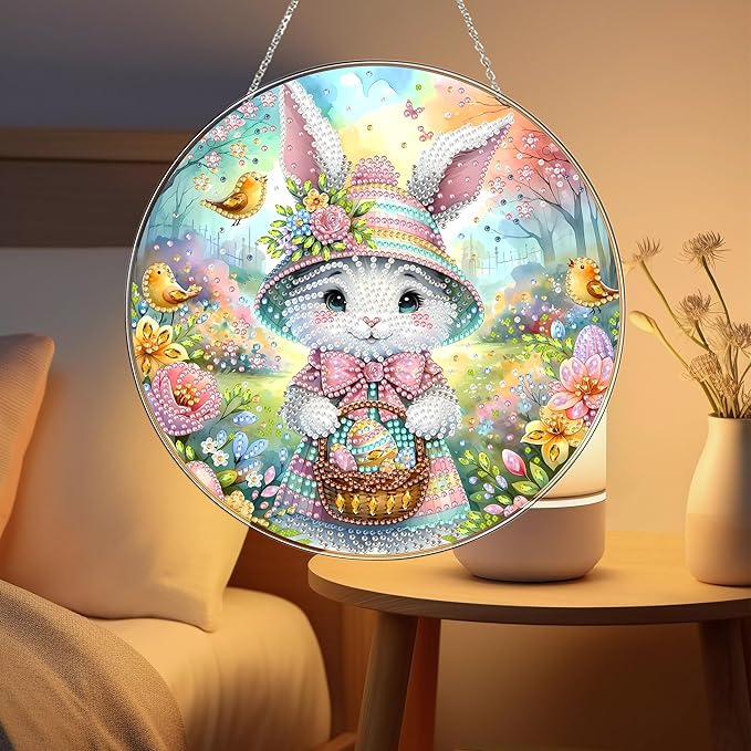 DIY Hanging Diamond Art Kit for Adults, 5D Acrylic Gem Art Window & Wall Pendant, Diamond Painting Ornament for Home Decor (Easter Bunny)