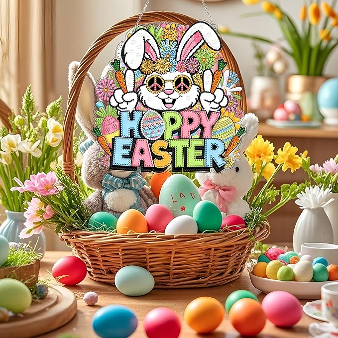 Diamond Art Hanging Kit for Adult,Special Shaped Rhinestone,DIY Acrylic Diamond Art Painting Window Pendants Home Garden Wall Hanging Kits Hanging Ornament,Double Sided. (Happy Easter)