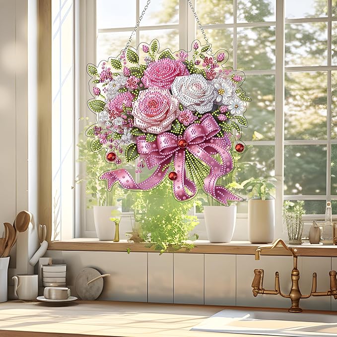 JJFox Diamond Art Hanging Kit for Adult,Special Shaped Rhinestone,Double Sided DIY Acrylic 5D Diamond Art Painting Window Pendants Home Garden Wall Hanging Kits Hanging Ornament (Flower)