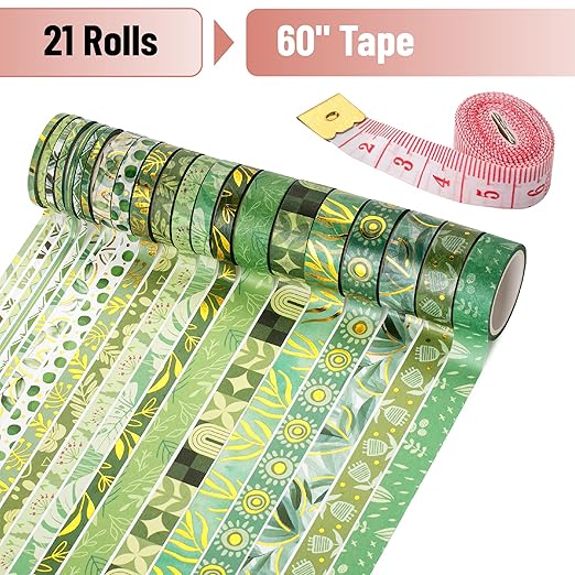 Mr. Pen- Washi Tape Set, 21 Rolls, Greenery Summer Design, Decorative Tapes With Tape Measure for Journaling, Scrapbooking, and Crafts