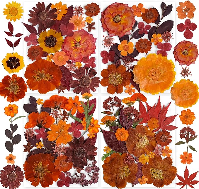 141PCS Brown Fall Dried Pressed Flowers for Resin - YouthBro Real Nature Flowers Butterfly Stikers Set for Christmas DIY Candle Soap Vase Making Nail Card Scrapbook Art Craft Floral Decors