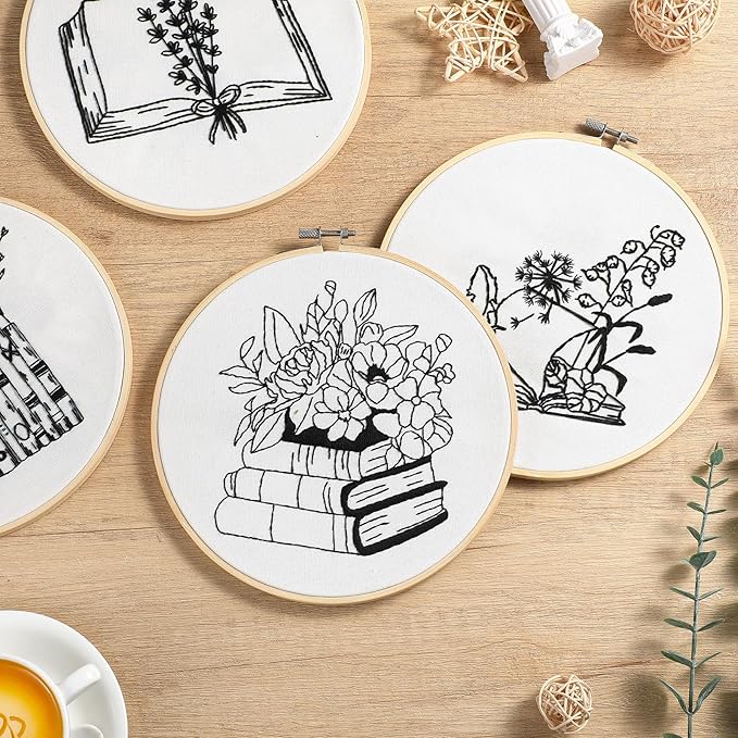 Unittype 4 Set Embroidery Kit for Beginners Adults Book Lovers Funny Cross Stitch Embroidery Kit with Bamboo Hoops Needles Threads Instructions Needle Threader(Stylish)
