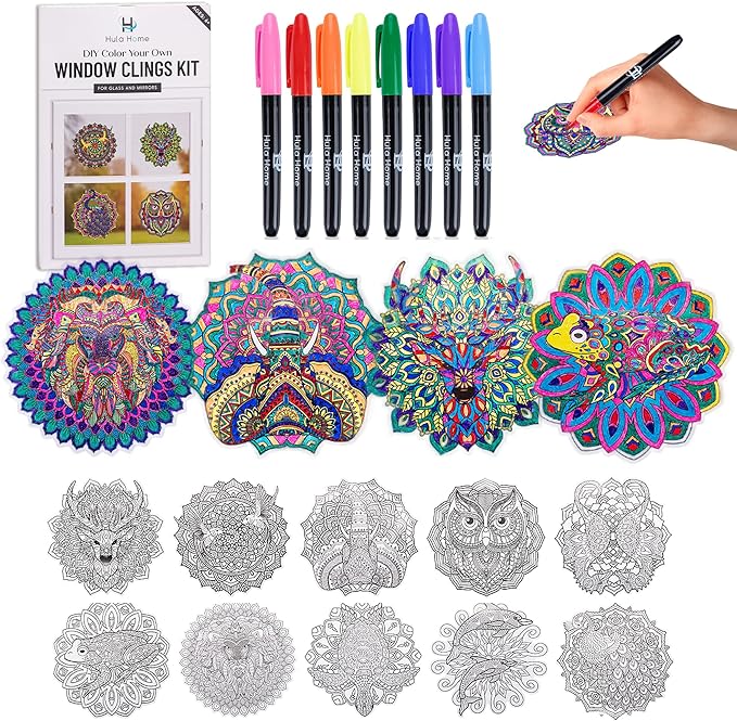 Hula Home Stained Glass Mandala Art Kit - Animal DIY Window Clings with Markers, 10 Suncatchers - Perfect Hobby for Adults, Kids, Teens & Seniors - Ideal Gift for Beginners, Women & Elderly - New