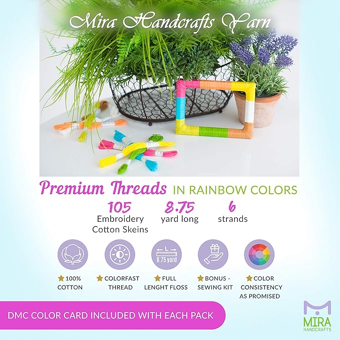 Premium Rainbow Color Embroidery Floss - Cross Stitch Threads - Friendship Bracelets Floss - Crafts Floss - 116 Pcs - 105 Skeins Per Pack and Set of 10 Embroidery Needles and 1 Threader