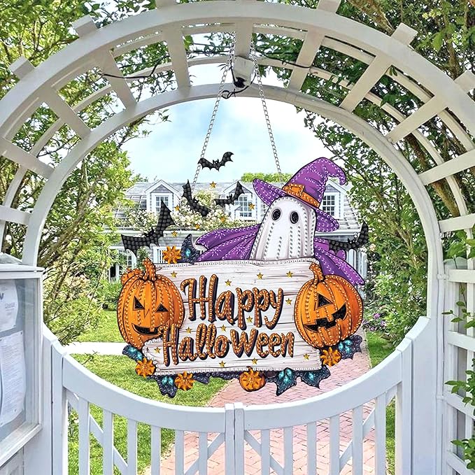 Wergund DIY Halloween Diamond Art Hanging Kits, Hanging Diamond Art Ghost, Acrylic Special Shaped Rhinestone, Window Hanging Pendants for Home Wall Garden Front Door Outdoor Decor Gift(Halloween)