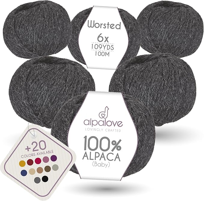Worsted Set (6 x 1.75 oz) Super Soft Baby Alpaca Knitting Yarn Anthracite 656 Yards