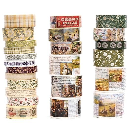 Vintage Washi Tape Set - 24 Rolls Arts Adhesive Tapes Assorted Retro Decorative Masking Tape Sets for Craft, Kids, Scrapbook, DIY, Gift Wrapping (10-Countryside Charm)