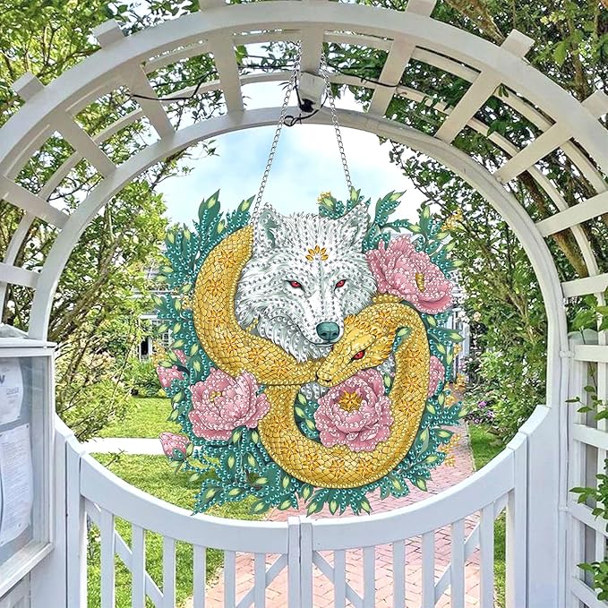 Wergund 5D DIY Wolf Diamond Art Hanging Kits, Hanging Diamond Art Flower, Acrylic Special Shaped Rhinestone, Window Hanging Pendants for Home Wall Garden Front Door Outdoor Decor Gift(Wolf)