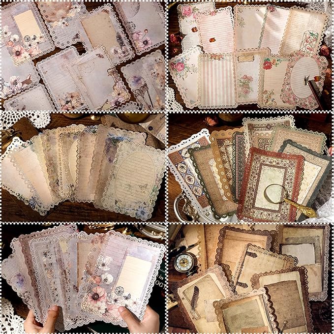 60 Sheets Lace Trim Vintage Scrapbook Stationery Paper Set,for Letter Writing,Scrapbook paper, Junk Journal Supplies, Decoupage Card Making Supplies,And Mixed Media Collage Card 4.9x6.9In