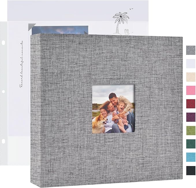Mublalbum 8x8 Inch DIY Scrapbook Photo Album with 20 Plastic Sleeves 40 Pages Linen Cover 3 Ring Folder Binder for Wedding Baby Family and DIY Projects (Grey)