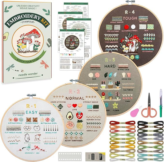 CYANFOUR Embroidery Kit for Beginners, 4 Stages to Learn 38 Stitches, with Step-by-Step Instructions and Clear Videos, Includes Multiple Accessories, Gift for Craft Lovers.