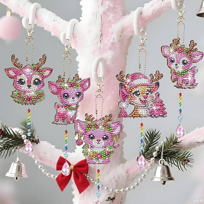 JeCuiK 6 Pcs Diamond Painting Wind Chimes Pink Deer Diamond Art Christmas Ornament Kits Suncatcher 5D DIY Diamond Art Kits for Adults Holiday Xmas Best Gifts