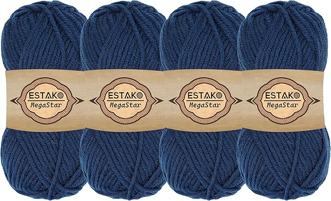 Estako Megastar, (4 Skeins Pack) 75% Acrylic 25% Wool Yarn, Soft, Chunky Bulky Weight #5 for Crochet and Knitting (4 x 3.52 Oz) / (4 x 120 Yrds) (65095 - Navy)