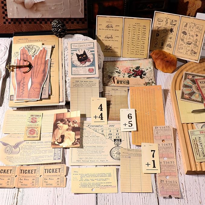 CATaireen Vintage Junk-Journal Mixed Paper Scrapbooking Embellishments Set Retro Journaling Decoupage Stickers Textured Packaging Decorative Cards Tags Kit (Library 2)