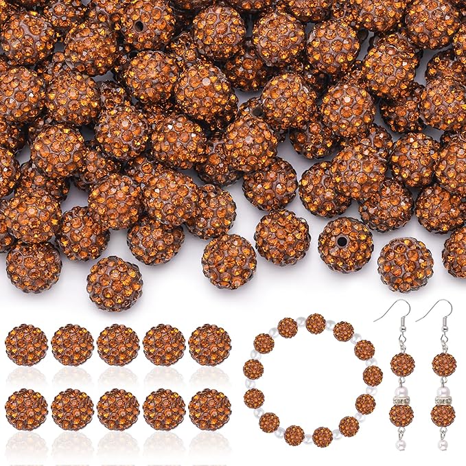 105pcs 10mm rhinestone beads for jewelry making, brown shiny round disco ball beads bulk, sparkle crystal clay christmas for bracelet baseball necklace earring crafting and diy