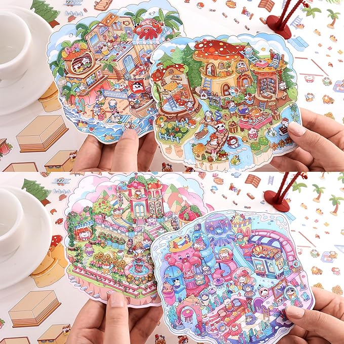 4 Sets DIY 3D House Scene Stickers, Forest Mushroom House, Deep Sea Park，Pardise Garden，Island Park Make Your Own Cute Fun Stacking Miniature Cartoon for Adult Kids Relief Stress Pass The Time