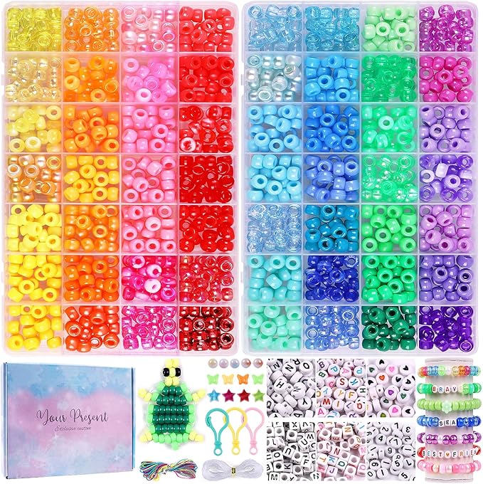 3080 Pcs Pony Beads for Bracelet Making Kit, 56 Colors 6x9mm Rainbow Kandi Beads, Friendship Kandi Bracelet Kit with 800 Pcs Colorful Alphabet Letters for Jewelry Making for DIY Crafts Gifts