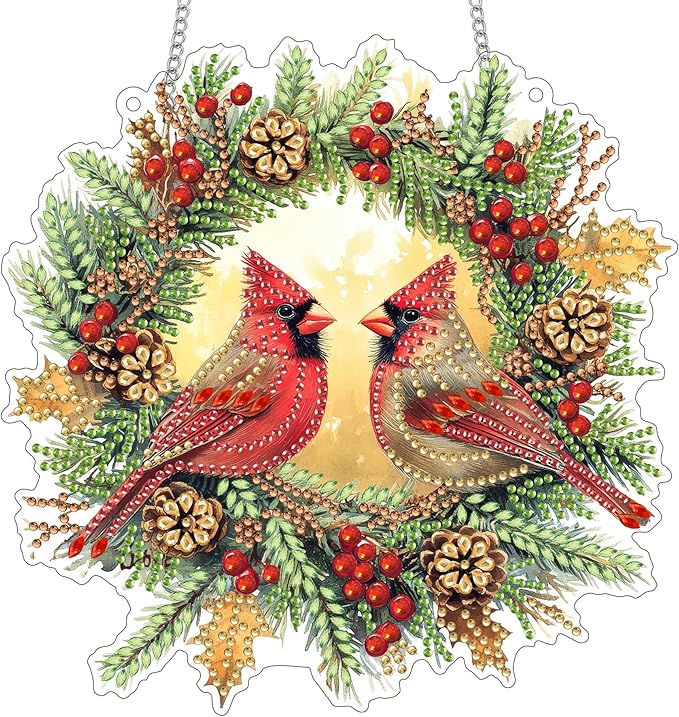 Reofrey Hanging Diamond Art Kits for Adults - 8x8 Inch Christmas Bird Acrylic Board Double Sided Pattern Diamond Art Suncatcher Pendant, Crystal Art for Home Wall or Window Decoration Handmade Gift