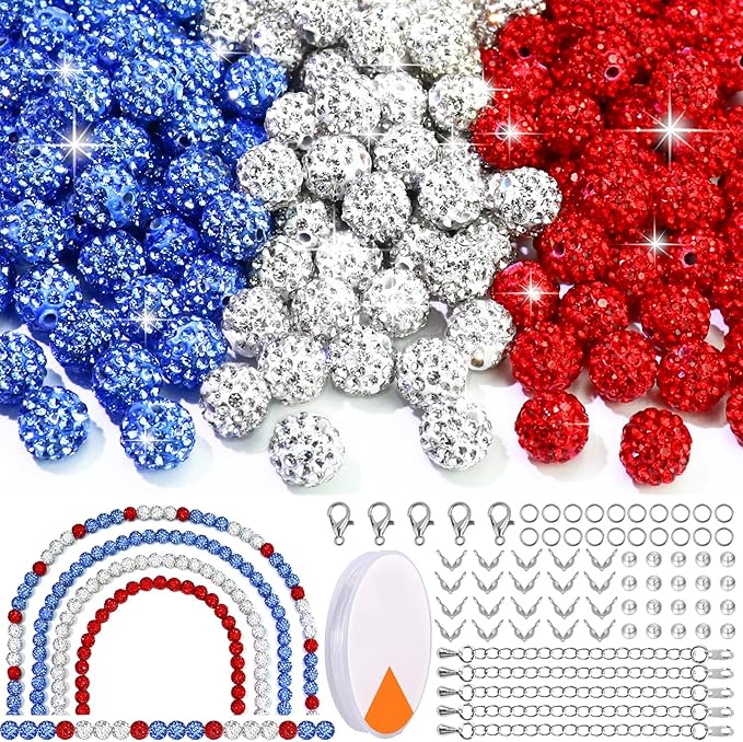 Dowarm 255PCS 10mm Rhinestone Beads for Baseball Rhinestone Necklace Bracelet Jewelry Making, Round Polymer Clay Beads for Crafts Beaded Pen, DIY Shamballa Pave Disco Ball Bead, White|Ice Blue|Red