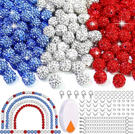Dowarm 255PCS 10mm Rhinestone Beads for Baseball Rhinestone Necklace Bracelet Jewelry Making, Round Polymer Clay Beads for Crafts Beaded Pen, DIY Shamballa Pave Disco Ball Bead, White|Ice Blue|Red