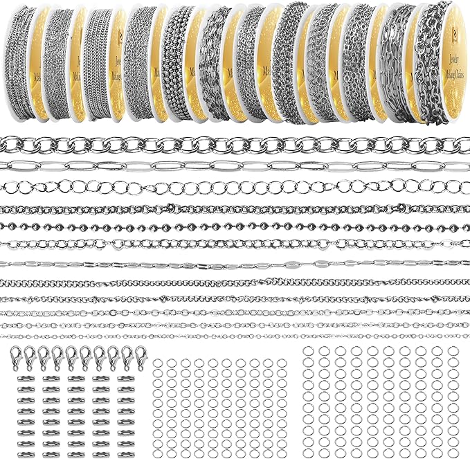 PP OPOUNT Silver Necklace Chains for Jewelry Making, 94.8 Feet 12 Rolls Stainless Steel Chain for Jewelry Making DIY Necklace Bracelet Belt Earrings with Open Jump Rings & Lobster Clasps