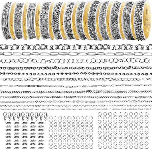 PP OPOUNT Silver Necklace Chains for Jewelry Making, 94.8 Feet 12 Rolls Stainless Steel Chain for Jewelry Making DIY Necklace Bracelet Belt Earrings with Open Jump Rings & Lobster Clasps