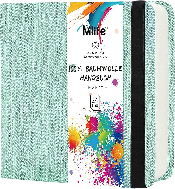 Mlife Square Watercolor Sketchbook,100% Cotton,300gsm/140lb,Acid-Free,Watercolor Journal for Artists Adults Students,6.5 * 6.5 Inch(Turquoise)