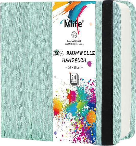 Mlife Square Watercolor Sketchbook,100% Cotton,300gsm/140lb,Acid-Free,Watercolor Journal for Artists Adults Students,6.5 * 6.5 Inch(Turquoise)