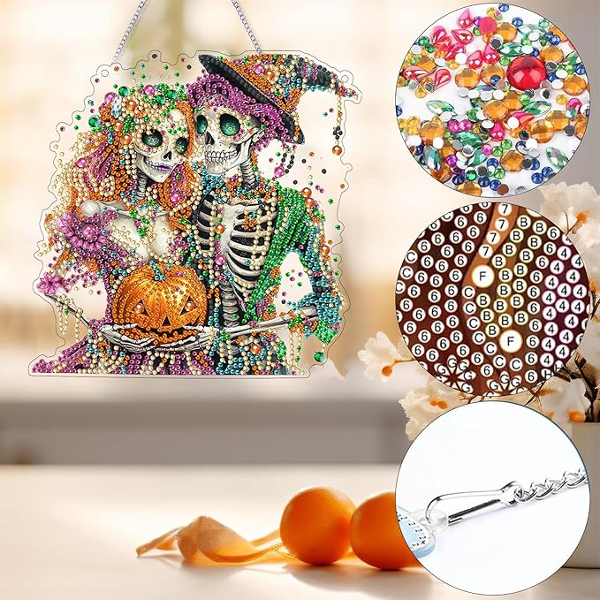 Bimkole Skull Diamond Art Hanging Kit for Adult, DIY 5D Diamond Art Halloween Window Pendant, Acrylic Crystal Art Hanging Ornament Home Wall Garden Front Door Sign Outdoor Decor 7.8x7.8 Inch
