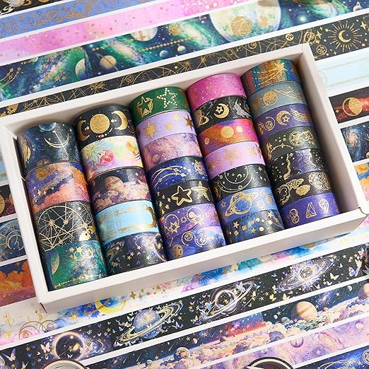 Gold Foil Washi Tape Set 30 Rolls,Celestial Decorative Masking Tape for Junk Journal, Journaling & Scrapbook Supplies, DIY Crafting Supplies