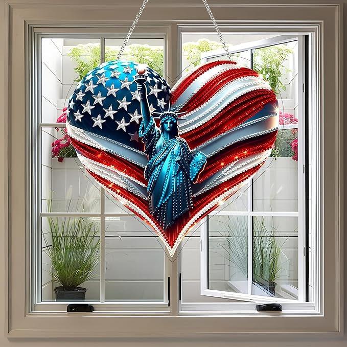 5D Diamond Art Hanging Kit for Adult,Special Shaped Rhinestone,Double Sided DIY Acrylic Diamond Art Painting Window Pendants Home Garden Wall Hanging Kits Hanging Ornament (4Th of July)