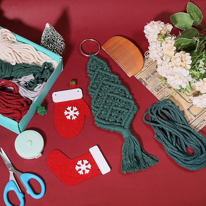 FREEBLOSS 4 Set Macrame Christmas Tree Kit With 4 Colors Cotton Cords, DIY Kit With Instruction, Ornaments for Christmas Tree Decor for Adults (DK-FB0005-24-US35)