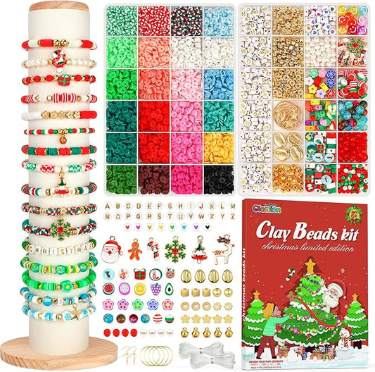 Gionlion Christmas Bracelet Making Kit, Clay Beads Friendship Bracelet Kit Christmas Crafts Gifts, Gold Beads Charm Bracelet Maker Set Preppy Jewelry Making Kit Gifts