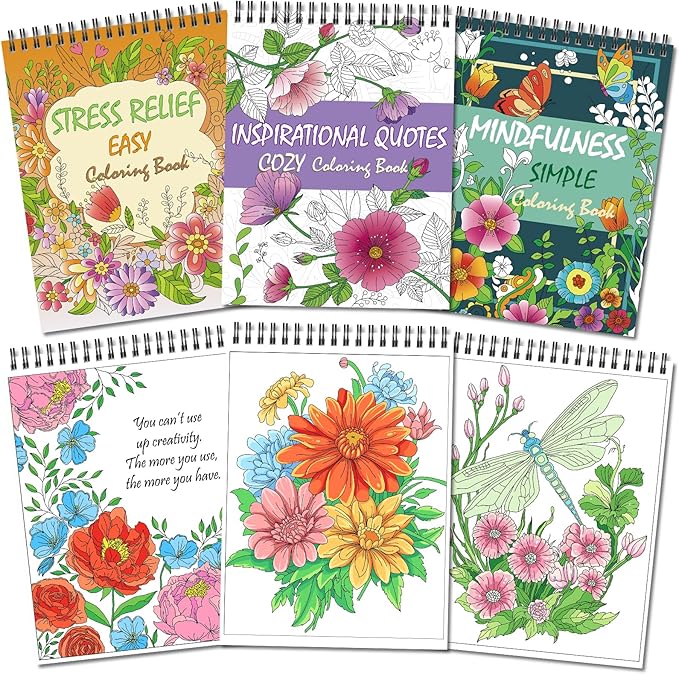 Kalysky Easy and Cozy Adult Coloring Book Set, 3 Stress Relief Coloring Books for Adults Relaxation, Flower Inspirational Quotes Coloring Books