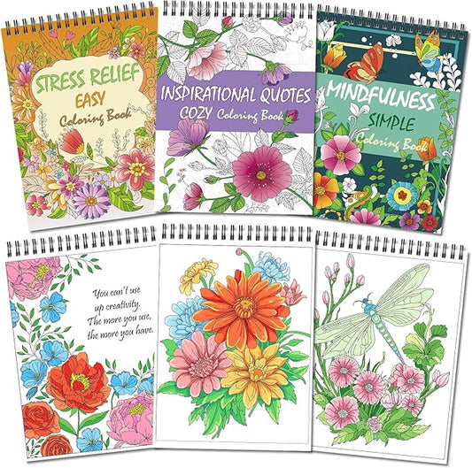 Kalysky Easy and Cozy Adult Coloring Book Set, 3 Stress Relief Coloring Books for Adults Relaxation, Flower Inspirational Quotes Coloring Books