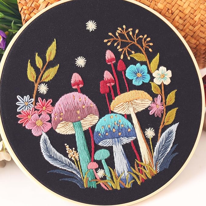 reewisly 4pcs of embroidery starter kit with patterns and instructions, diy adult beginner cross stitch kits, including 2 plastic embroidery rings, 1 pair of scissors, colored threads and needles