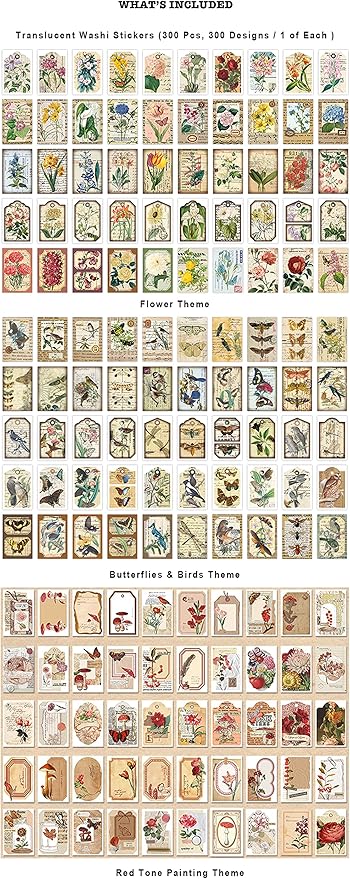 300 Pcs Scrapbook Washi Stickers,Vintage Flower Butterfly Botanical Sticker Book for Junk Journal,Decorative Paper Stickers for Bullet Journal, Album, Collage, Planner, Gift Wrapping