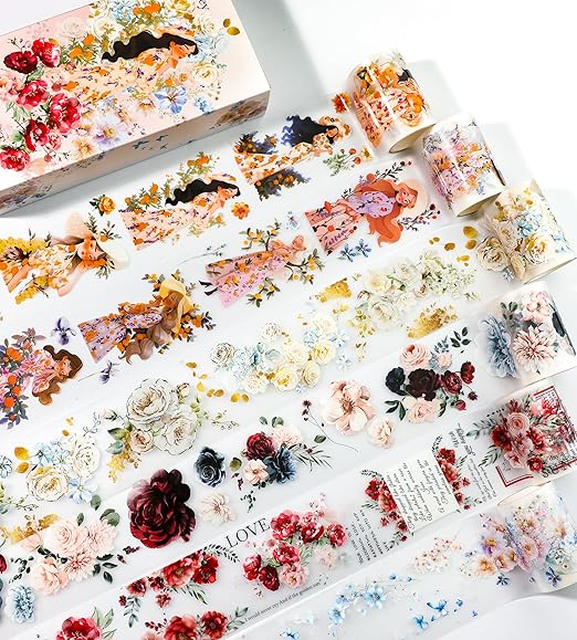 Floral PET Washi Tape Set - 6 Roll Wide PET Tape for Scrapbook Supplies,Character Decorative Girls Sticker,Flower Stickers, Bullet Journals Materials,Planner Arts Craft Collage