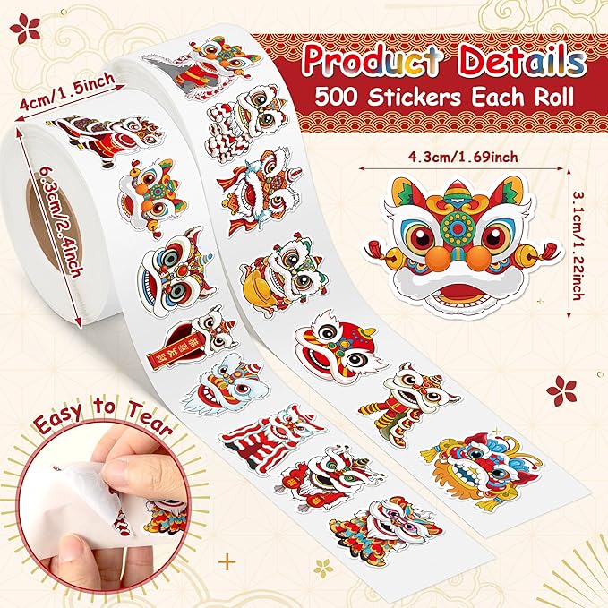 h1vojoxo chinese new year sticker rolls - 1000pcs chinese lunar new year stickers for kid 16 design cartoon lion dance stickers for craft waterproof lion dance decal decoration for water bottle laptop