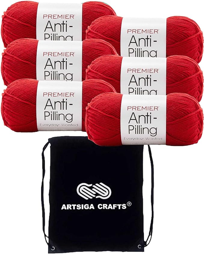 Premier Yarns Everyday Anti-Pilling Solid Really Red DN100-7 (6-Skeins - Same Dye Lot) #4 Worsted Weight Acrylic Yarn for Crocheting and Knitting with Project Bag