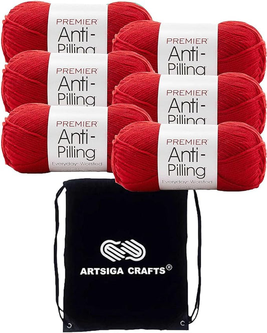 Premier Yarns Everyday Anti-Pilling Solid Really Red DN100-7 (6-Skeins - Same Dye Lot) #4 Worsted Weight Acrylic Yarn for Crocheting and Knitting with Project Bag