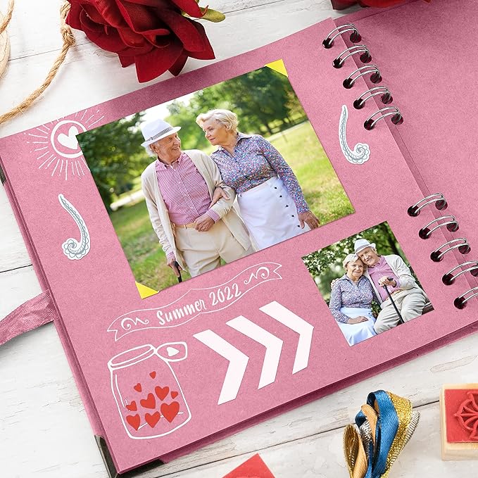 Bstorify Square Scrapbook Photo Albums 7 x 7 Inch Pink Thick Paper, Hardcover, Metal Corners, Ribbon Closure - Ideal for Your Scrapbooking Albums, Art & Craft Projects