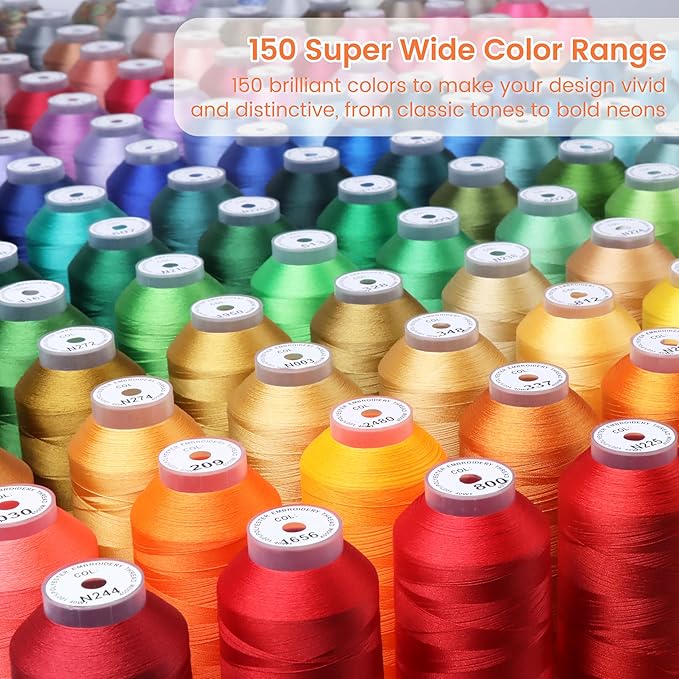 New brothread Embroidery Machine Thread 4000M/4400YD Each Spool Mega Kit 150 Vibrant Colors 40WT for Commercial, Industrial, Home-Used Embroidery Machines